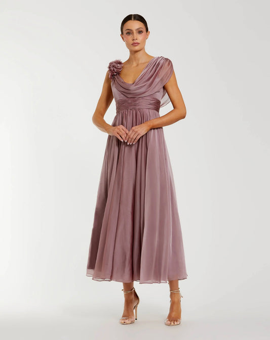 Pink Chiffon Cowl Neck Dress With 3D Flowers
