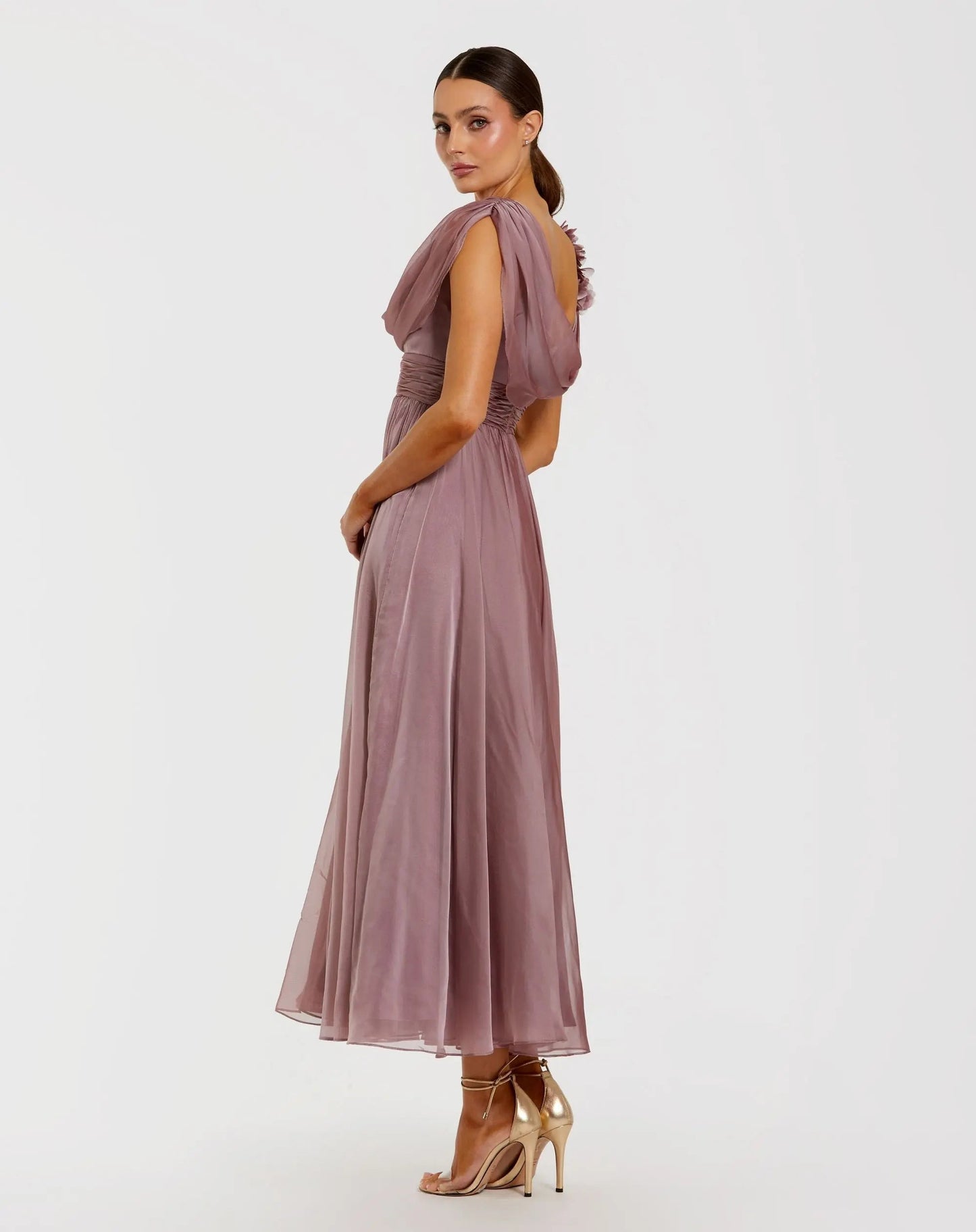 Pink Chiffon Cowl Neck Dress With 3D Flowers