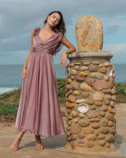 Pink Chiffon Cowl Neck Dress With 3D Flowers