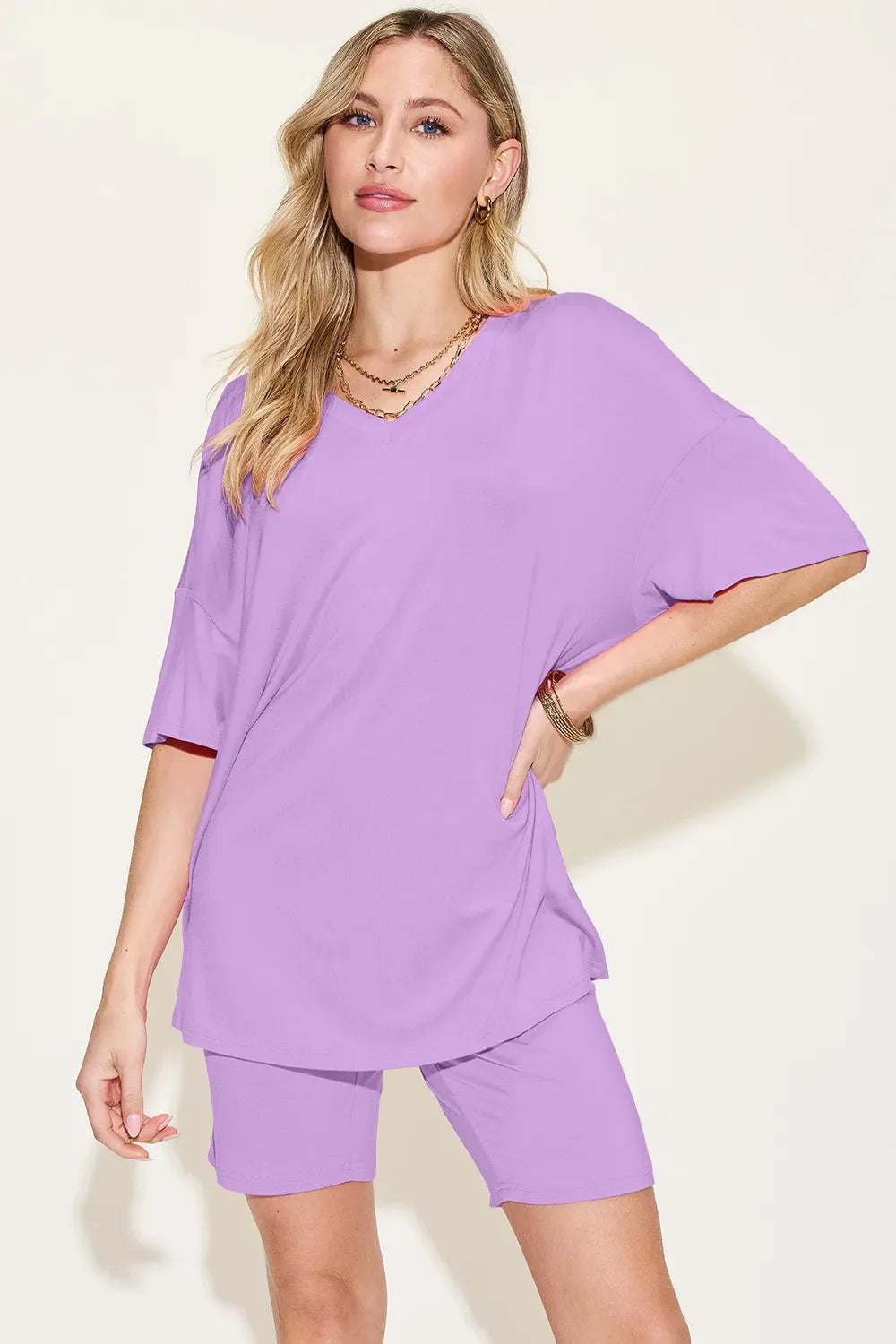Hazel Blues® |  Basic Bae Bamboo V-Neck Drop Shoulder T-Shirt and Shorts Set
