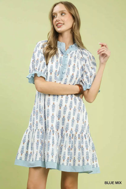 Hazel Blues® |  Umgee Striped Trim Floral Tiered Mini Dress
