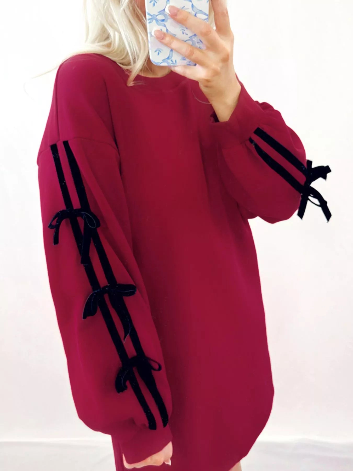 Hazel Blues® |  Contrast Striped Bow Detail Drop Shoulder Sweatshirt Dress with Pockets