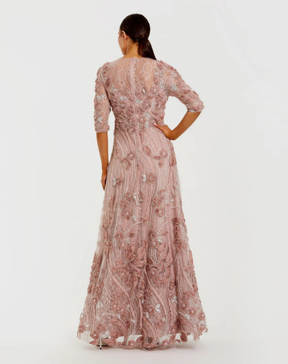 Pink High Neck Embellished Lace Gown with 3/4 Sleeves