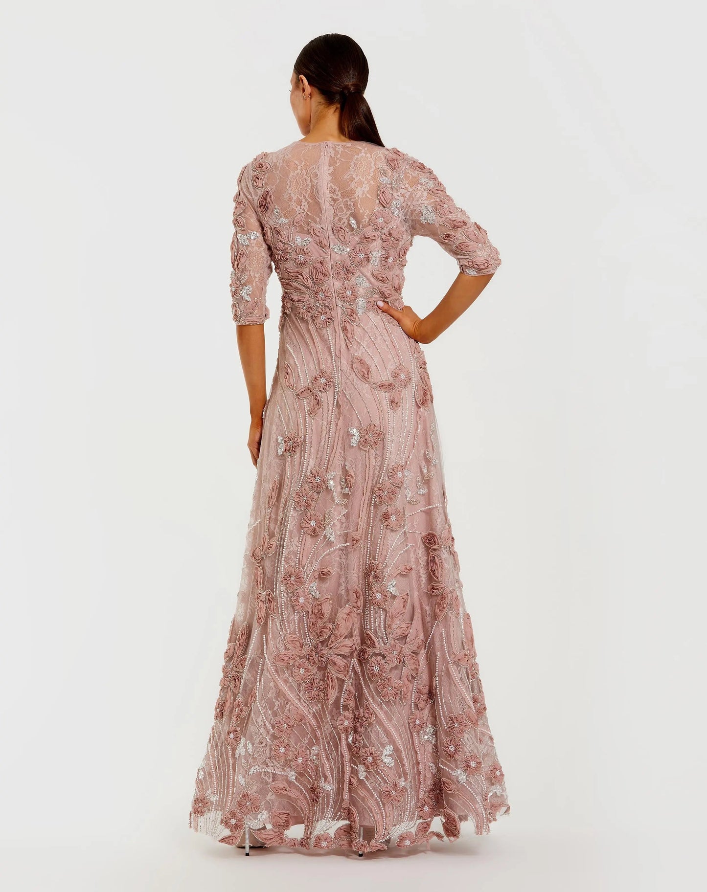 Pink High Neck Embellished Lace Gown with 3/4 Sleeves