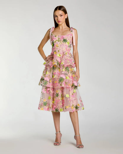 Pink Floral Embroidered Tiered Midi Dress