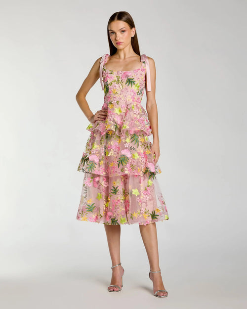 Pink Floral Embroidered Tiered Midi Dress
