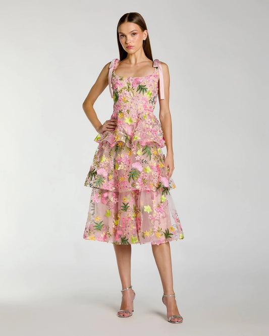 Pink Floral Embroidered Tiered Midi Dress
