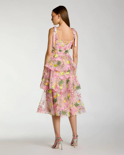 Pink Floral Embroidered Tiered Midi Dress