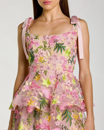Pink Floral Embroidered Tiered Midi Dress
