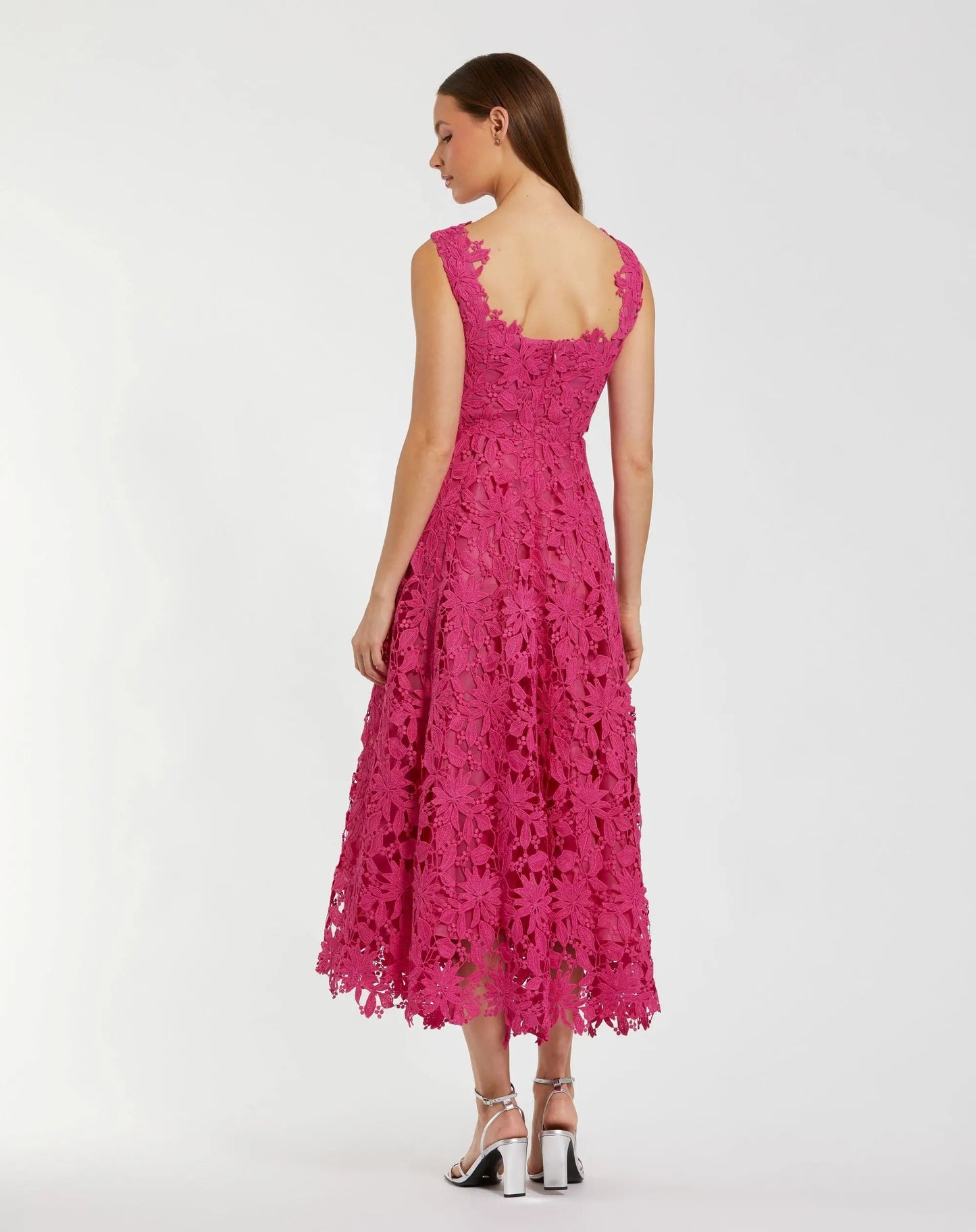 Pink Sleeveless Embroidered Lace A Line Midi Dress