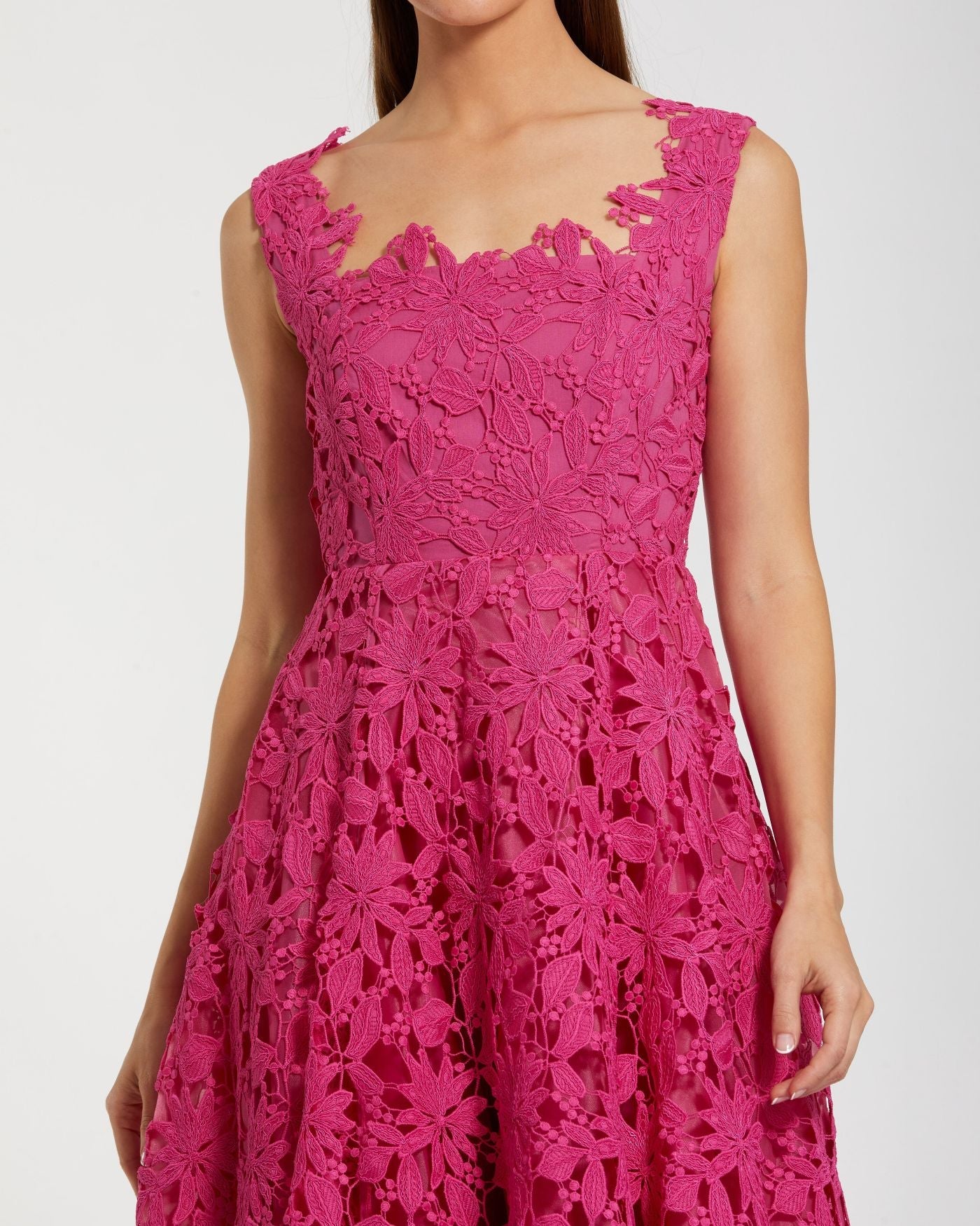 Pink Sleeveless Embroidered Lace A Line Midi Dress