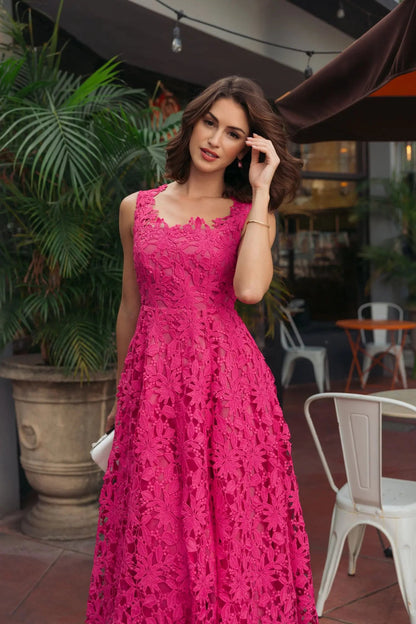 Pink Sleeveless Embroidered Lace A Line Midi Dress