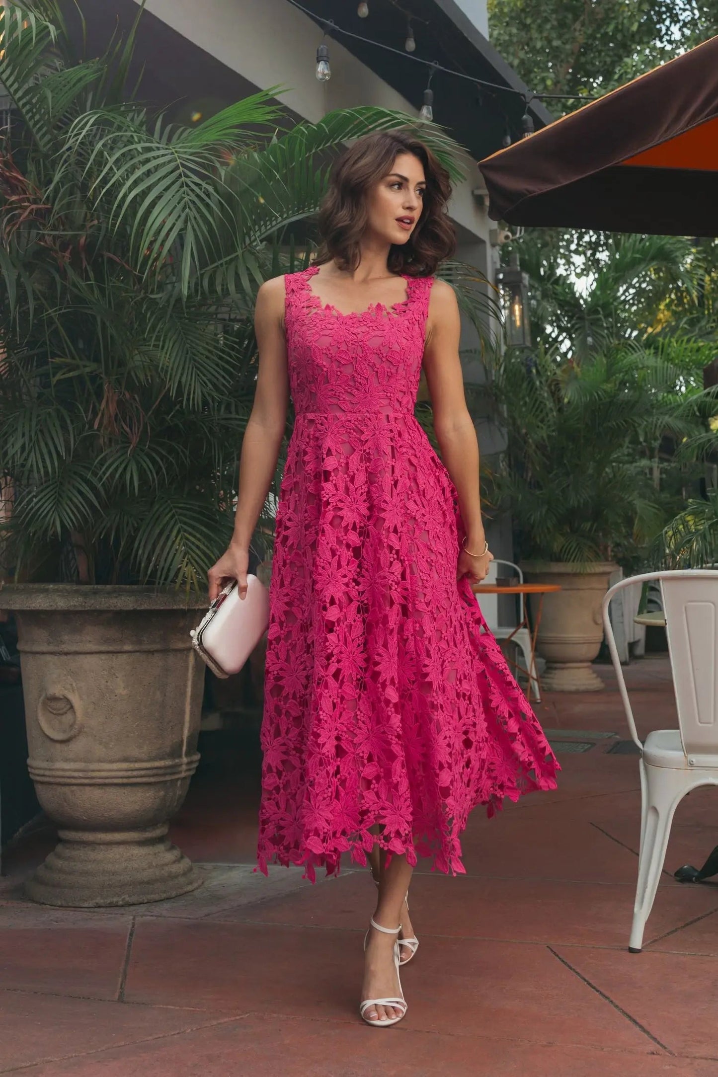 Pink Sleeveless Embroidered Lace A Line Midi Dress