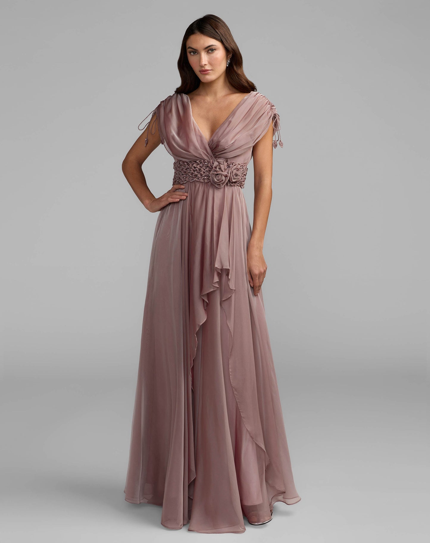 Purple Crystal Floral Waist Chiffon Gown