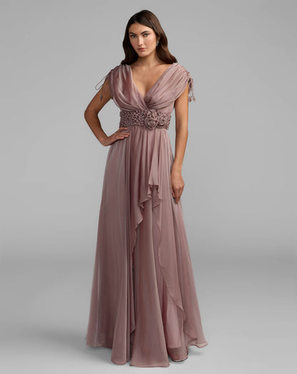 Purple Crystal Floral Waist Chiffon Gown