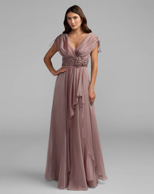 Purple Crystal Floral Waist Chiffon Gown
