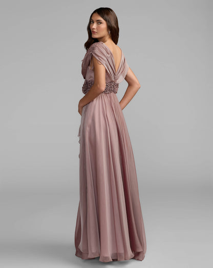 Purple Crystal Floral Waist Chiffon Gown