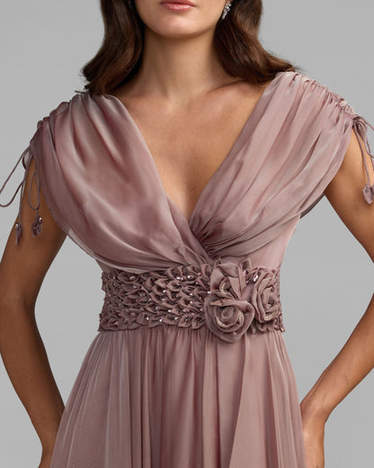 Purple Crystal Floral Waist Chiffon Gown