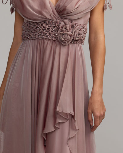 Purple Crystal Floral Waist Chiffon Gown