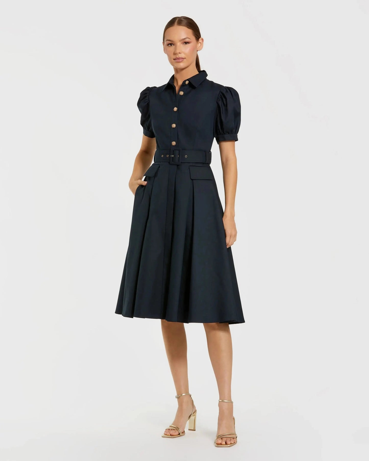 Puff Sleeve Belted Midi Shirt Dress