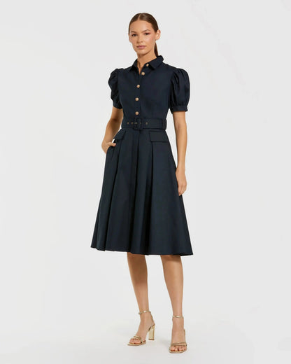Puff Sleeve Belted Midi Shirt Dress