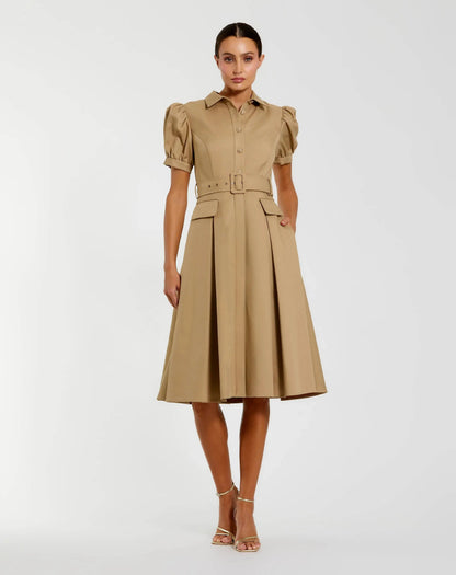 Puff Sleeve Belted Midi Shirt Dress