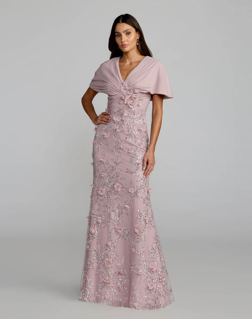 Purple Embellished Draped Cape Sleeve Gown