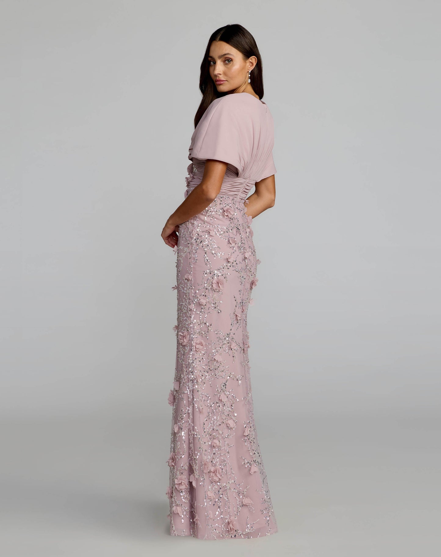 Purple Embellished Draped Cape Sleeve Gown