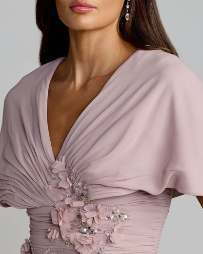 Purple Embellished Draped Cape Sleeve Gown