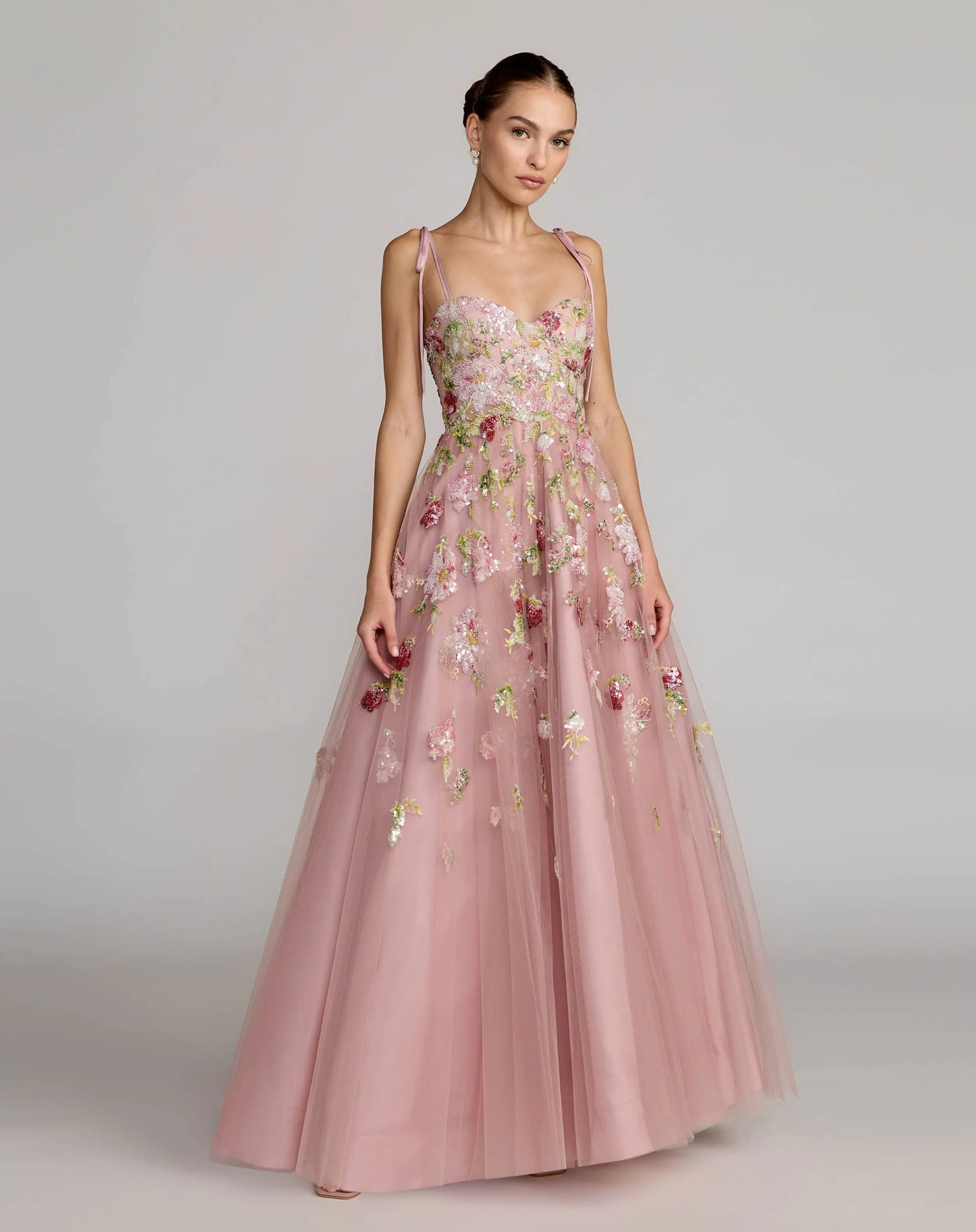 Pink Floral Embellished Tulle Ball Gown