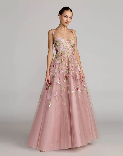 Pink Floral Embellished Tulle Ball Gown