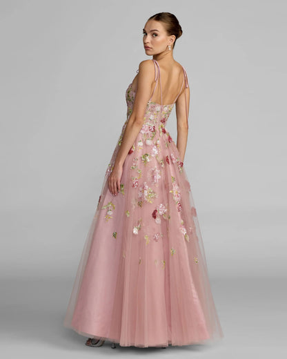 Pink Floral Embellished Tulle Ball Gown