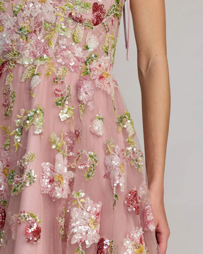 Pink Floral Embellished Tulle Ball Gown