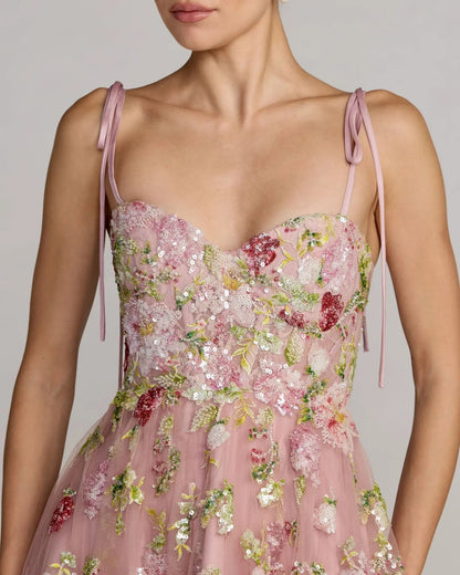 Pink Floral Embellished Tulle Ball Gown