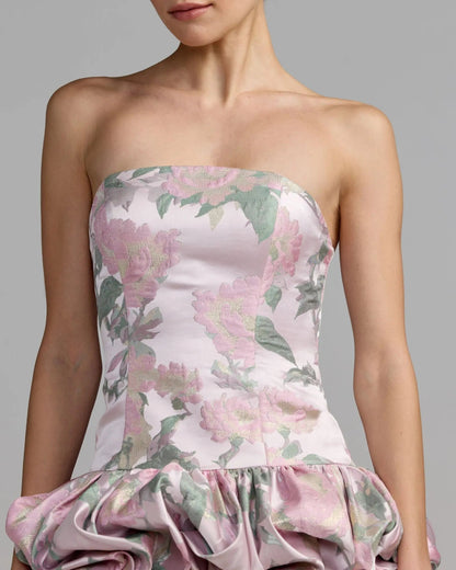 Pink Floral Strapless Bubble Hem Mini Dress