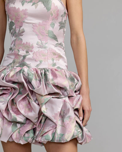 Pink Floral Strapless Bubble Hem Mini Dress