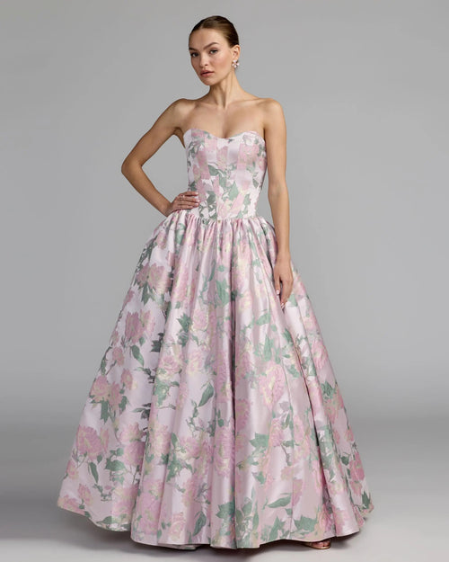Pink Floral Strapless Ball Gown With Pockets