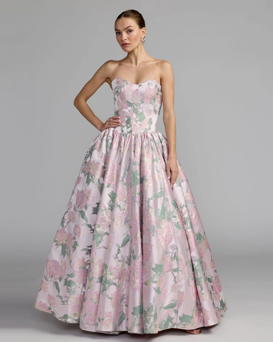 Pink Floral Strapless Ball Gown With Pockets