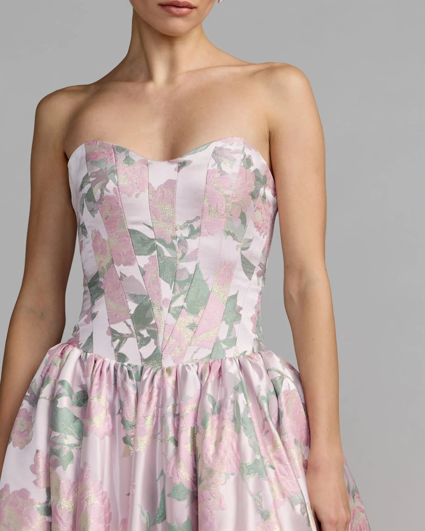 Pink Floral Strapless Ball Gown With Pockets