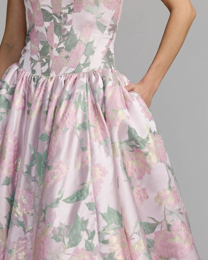 Pink Floral Strapless Ball Gown With Pockets