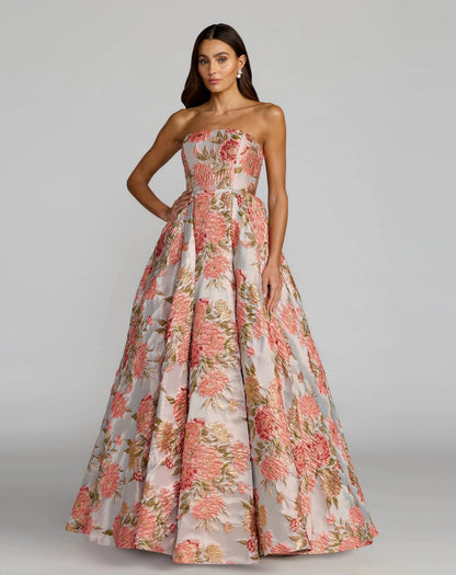 Pink Strapless Floral Brocade Ball Gown With Pockets