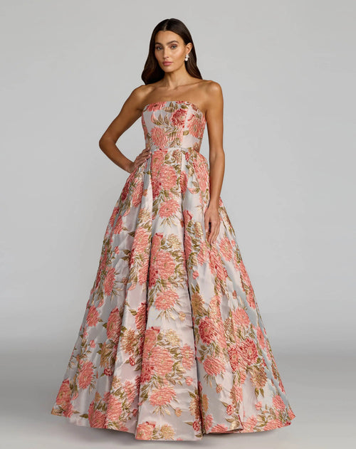 Pink Strapless Floral Brocade Ball Gown With Pockets