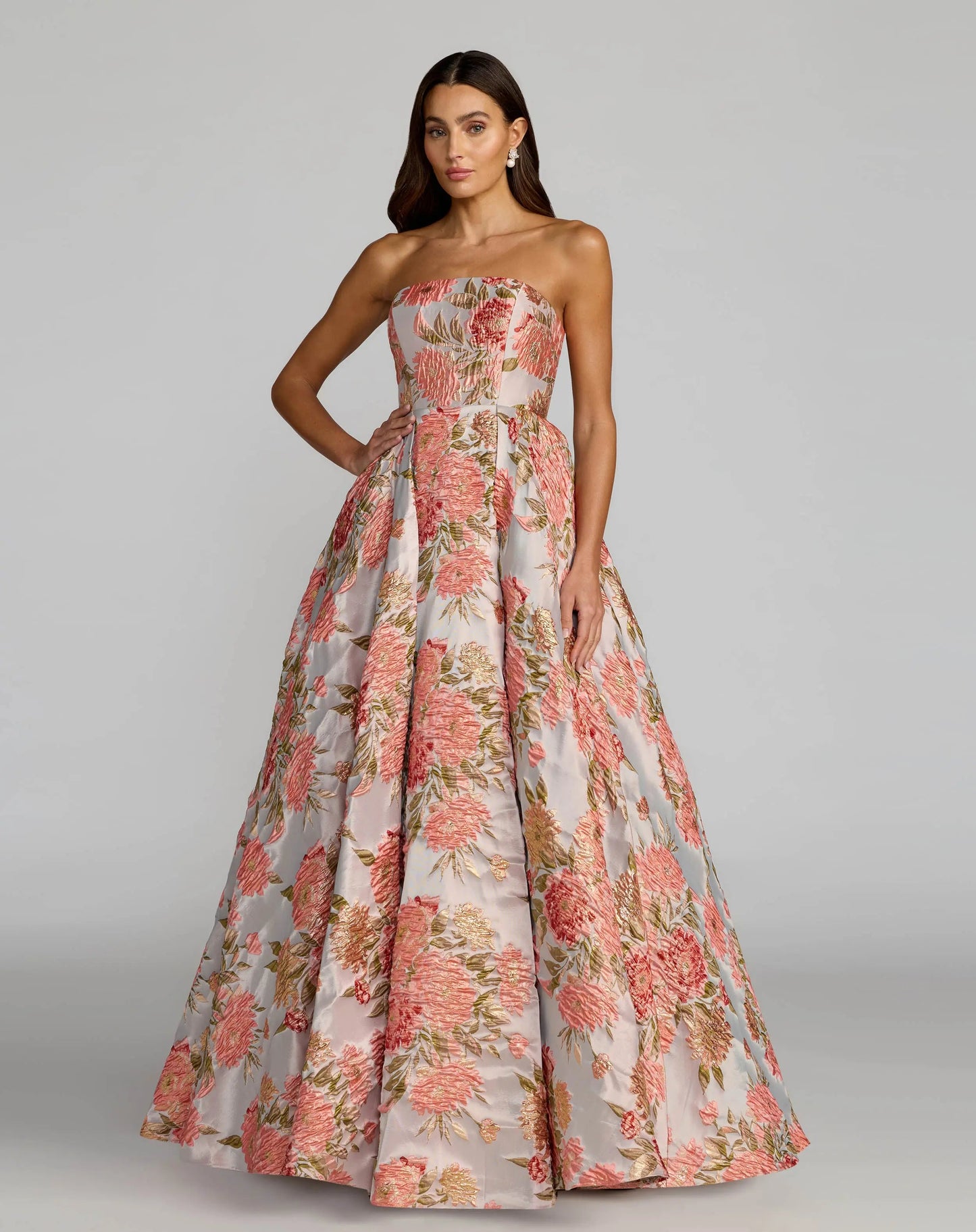 Pink Strapless Floral Brocade Ball Gown With Pockets