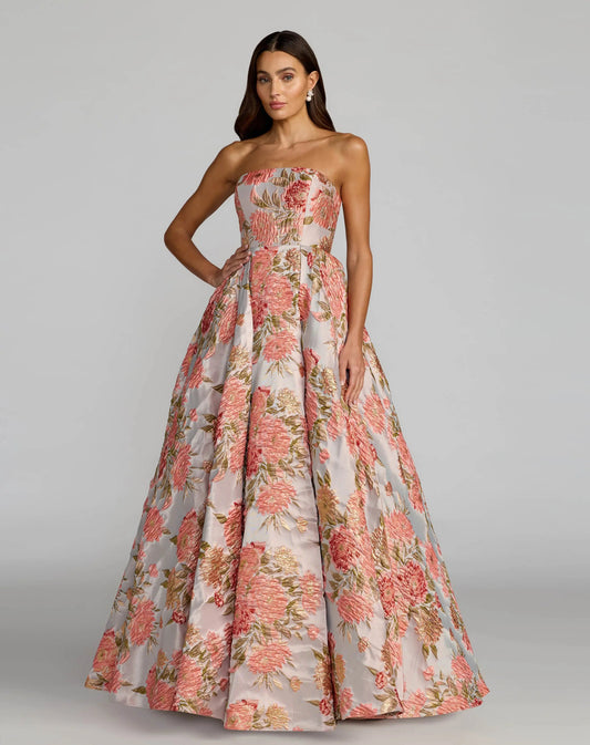 Pink Strapless Floral Brocade Ball Gown With Pockets