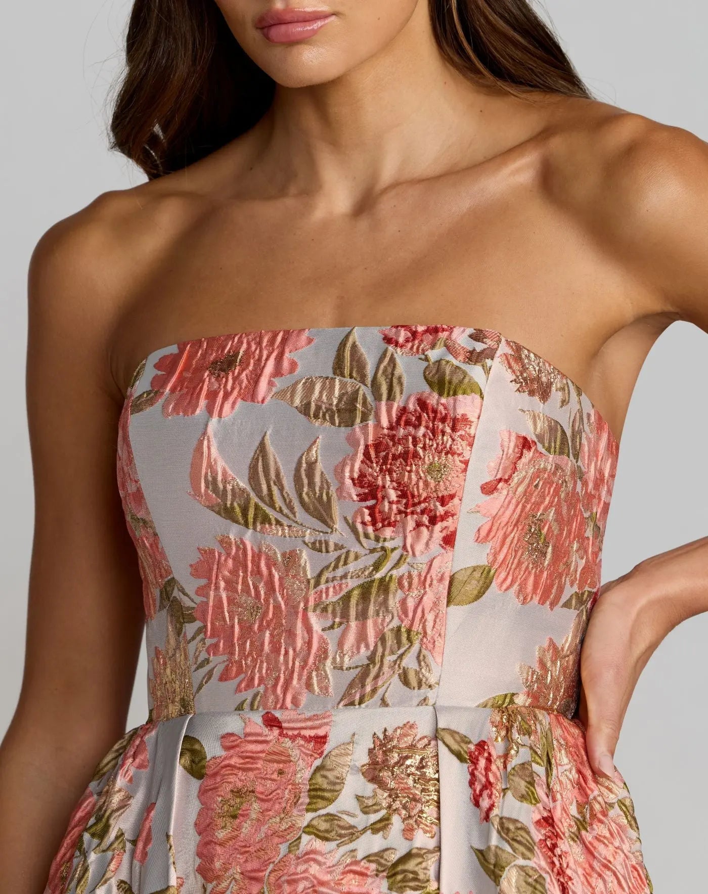 Pink Strapless Floral Brocade Ball Gown With Pockets