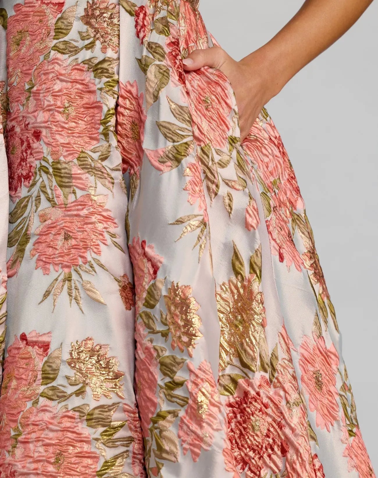Pink Strapless Floral Brocade Ball Gown With Pockets