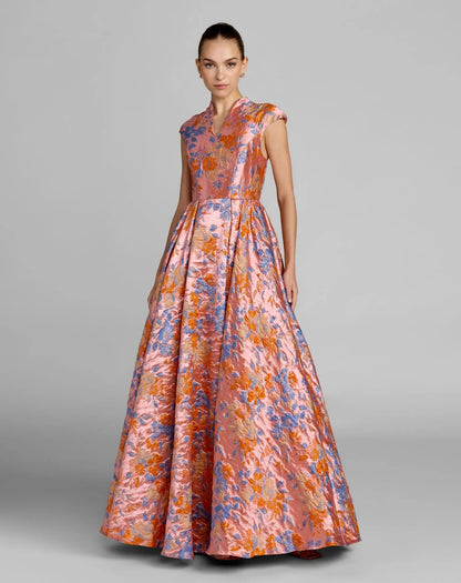 Pink Brocade Cap Sleeve Ball Gown