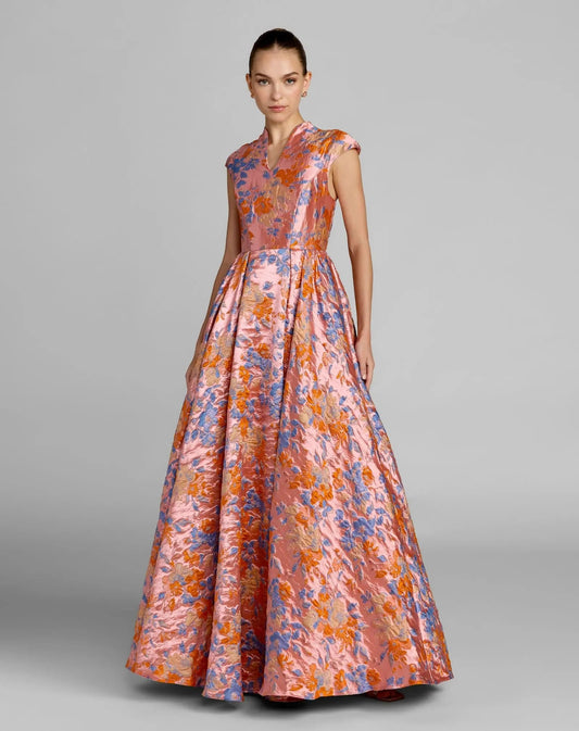 Pink Brocade Cap Sleeve Ball Gown