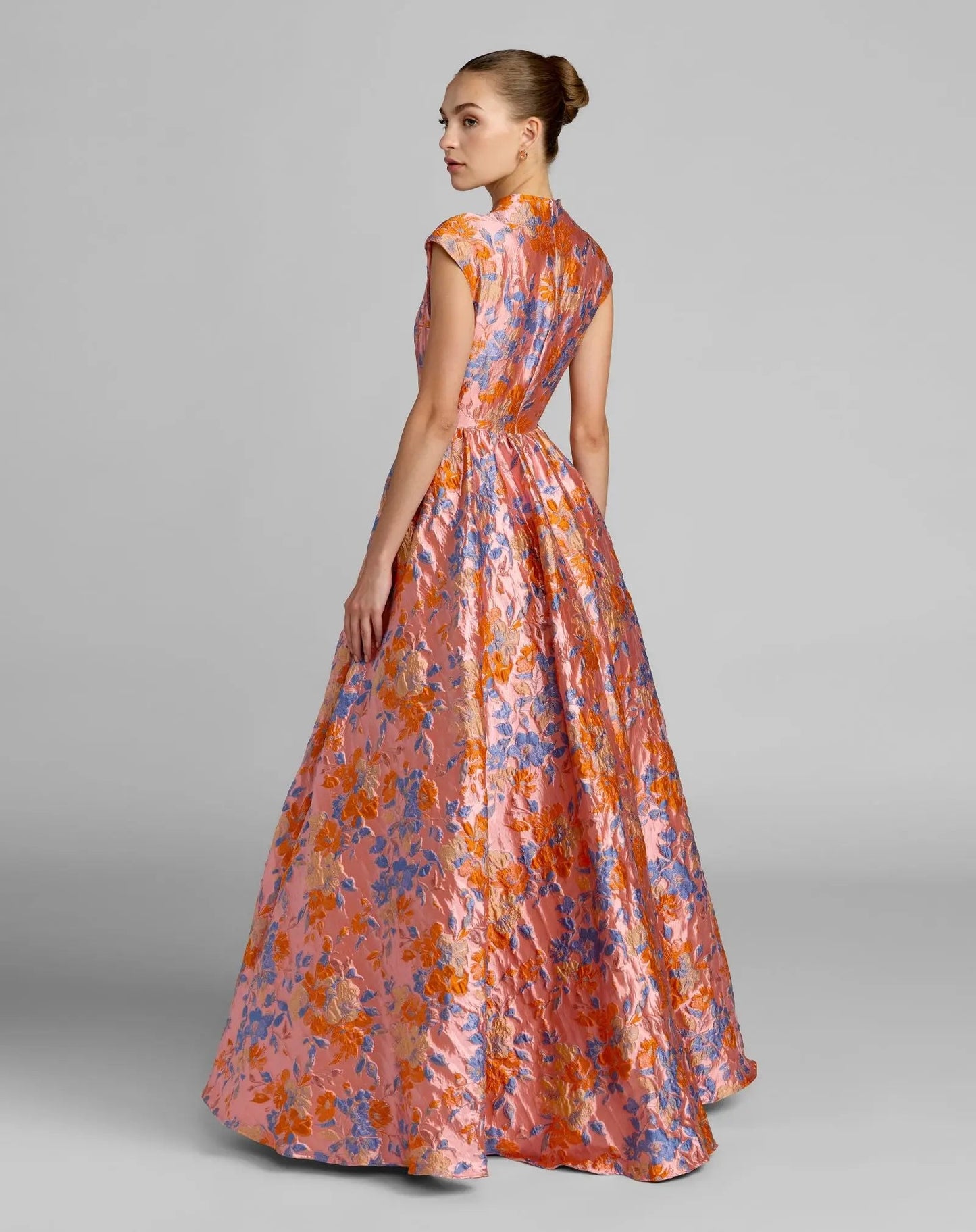 Pink Brocade Cap Sleeve Ball Gown