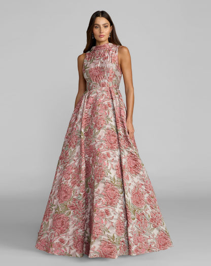 Pink Sleeveless Brocade V-Back Ball Gown